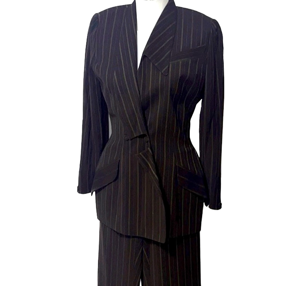 Thierry Mugler Vintage 1980’s Brown Wool Striped Suit Pant Set, size 42